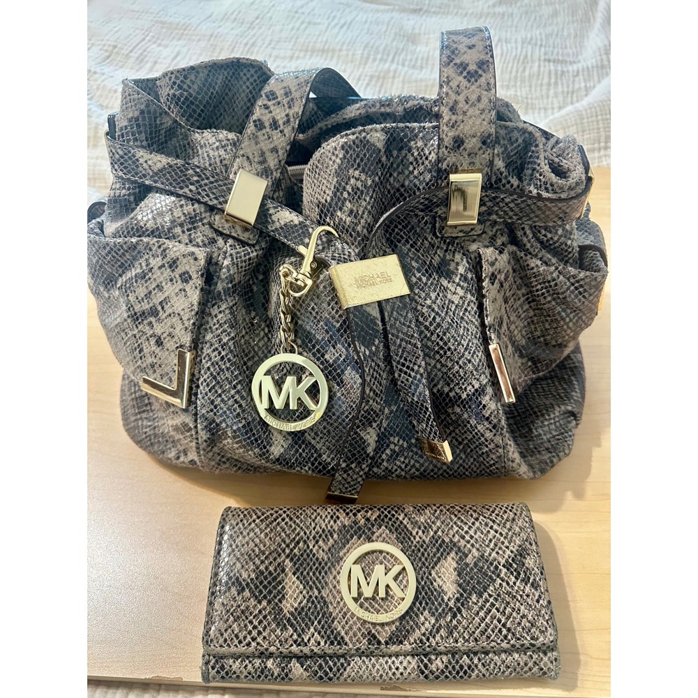 Michael Kors Snakeskin Embossed Leather Shoulder Bag and Wallet Set Grey Gold